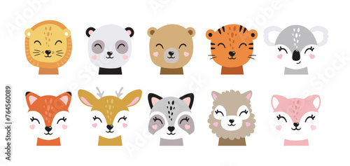 Fototapeta Naklejka Na Ścianę i Meble -  Cartoon cute baby animals for baby cards, baby shower invitation,print,poster. Vector illustration.Deer,cat, bunny,koala,llama,alpaca, raccoon,fox,unicorn, wolf,bear,lion,panda,tiger,dog,rabbit,hare