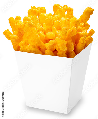 Puffed corn snacks cheesy in white bowl isolated on white background, Puff corn or Corn puffs cheese flavor on white With clipping path. 