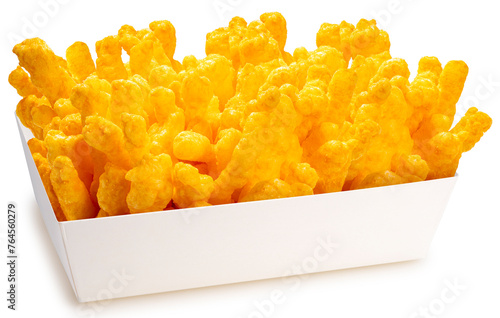 Puffed corn snacks cheesy in white bowl isolated on white background, Puff corn or Corn puffs cheese flavor on white With clipping path. 