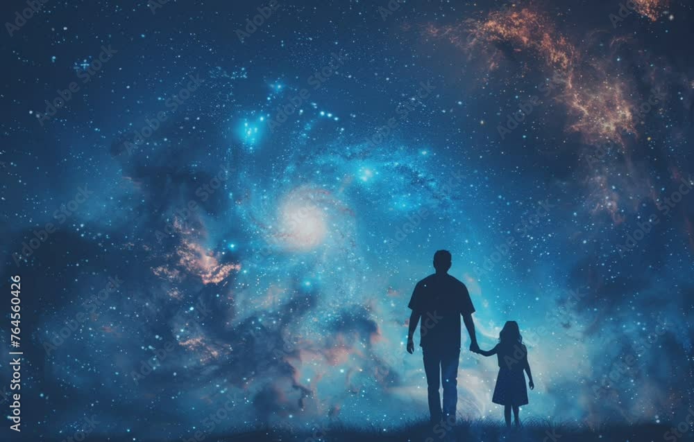 father and son looking through sky where stars and milk way moving around. Imagination and fair tale concept, moving background father and son looking through sky where stars and milk way moving around. Imagination and fair tale concept, moving background