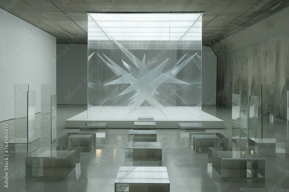 The minimalist stage made of glass cubes in the foreground is juxtaposed against the arrowshaped glass material with sharp edges in the background resulting in a dynamic threedimensional composition - obrazy, fototapety, plakaty 