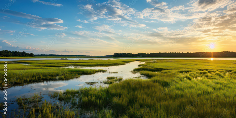 Tranquil Waters: A Serene Marshland Sunset Reflecting the Beauty of Nature