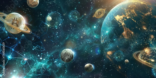 A colorful space scene with many planets and stars