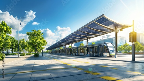 Solar-powered tram station with modern tram, covered with solar panels, in a city with trees and blue sky.