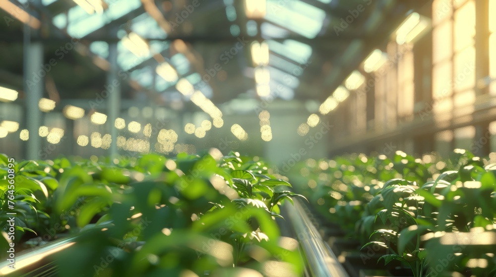 Indoor urban farm with rows of young plants growing under artificial lighting in a controlled environment. Indoor urban farm with rows of young plants growing under artificial lighting in a controlled environment.