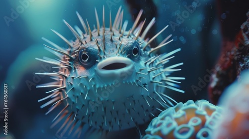 Close-up of a pufferfish with sharp spines, showing surprise, with a focus on the eye and intricate skin details.