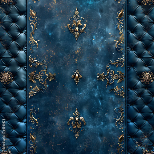 Luxury antique background in blue tones with gold pattern and leather upholstery in borque style photo