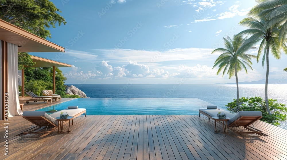 Luxury infinity pool with a wooden deck overlooking a breathtaking coastal view for the ultimate relaxation