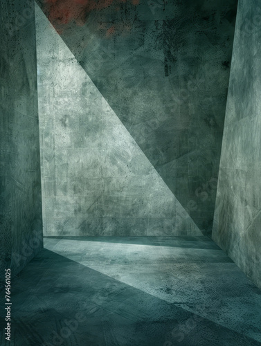 Minimalist concrete interior with sharp geometric shadows.