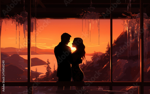 silhouette of a couple in love at sunset.