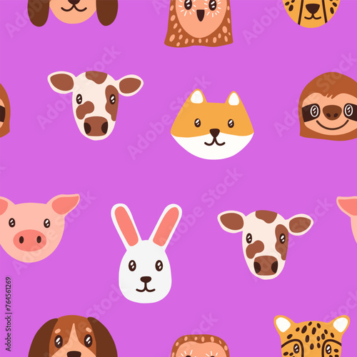 Repeatable pattern of cute baby animal muzzles on pink background. Endless print of happy pet faces: dog, rabbit. Amusing portraits of owl, cow, pig, fox, sloth. Flat seamless vector illustration