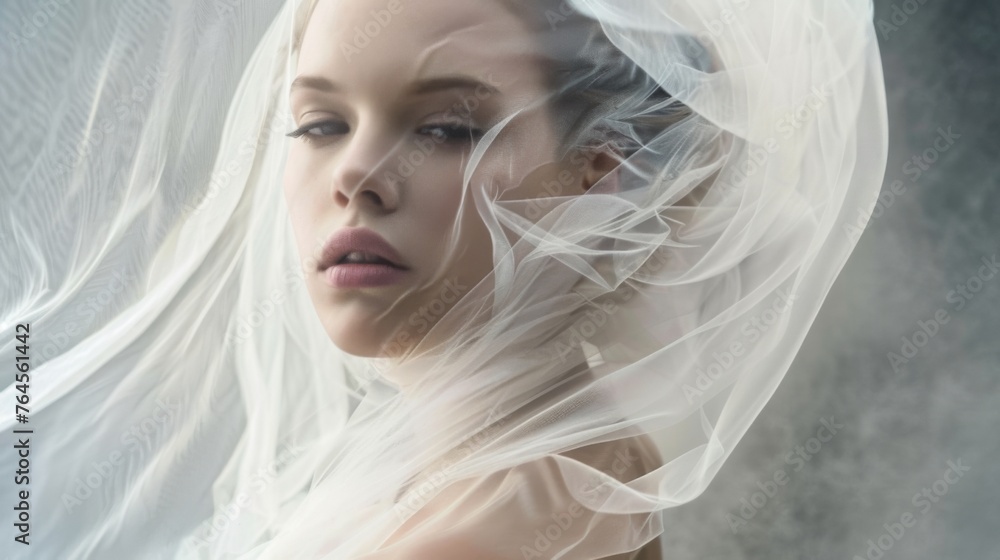 Beautiful young woman wrapped in transparent fabric. Fluttering veil on a white background Beautiful young woman wrapped in transparent fabric. Fluttering veil on a white background