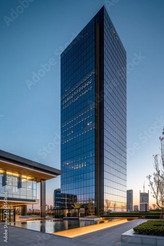 A brokerage firm's corporate headquarters, featuring modern architecture and cutting-edge facilities, symbolizing the firm's status and reputation in the financial industry, Generative A