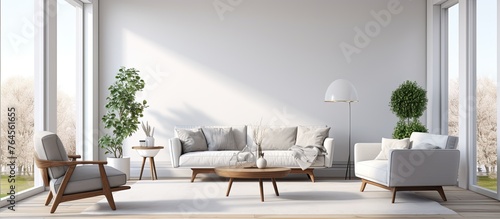 An illustration of a contemporary living space featuring a comfortable couch, stylish chair, coffee table, and a stylish lamp photo