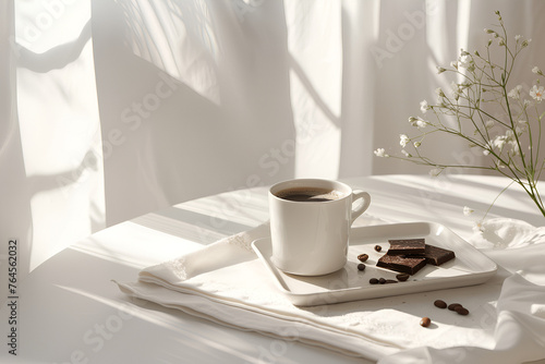 White mug with coffee and chocolate slices on a beautiful tray in a bright room