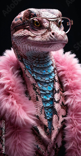 Glamorous anthropomorphic snake reptile with scales in fashionable glasses and a fur coat with feathers and wool.