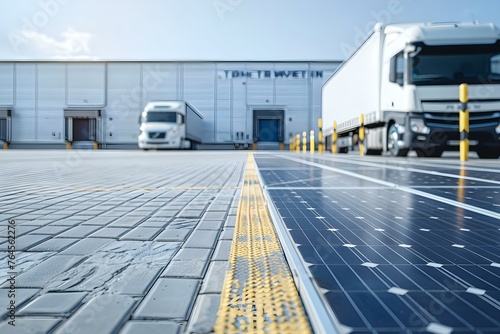 Electric cars charging at a solarpowered station in a logistic center with a sem. Concept Electric Cars, Solar-Powered Station, Logistic Center, Sustainable Transportation, Green Energy