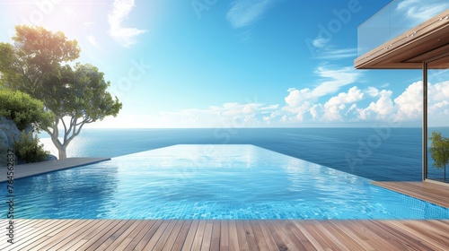 Luxury infinity pool with a wooden deck overlooking a breathtaking coastal view for the ultimate relaxation © lemoncraft