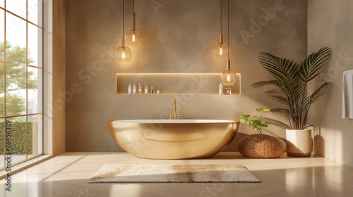 Professional interior of a chic bathroom with gold accents and an elegant gold bath with beige tiles on the walls and lamps