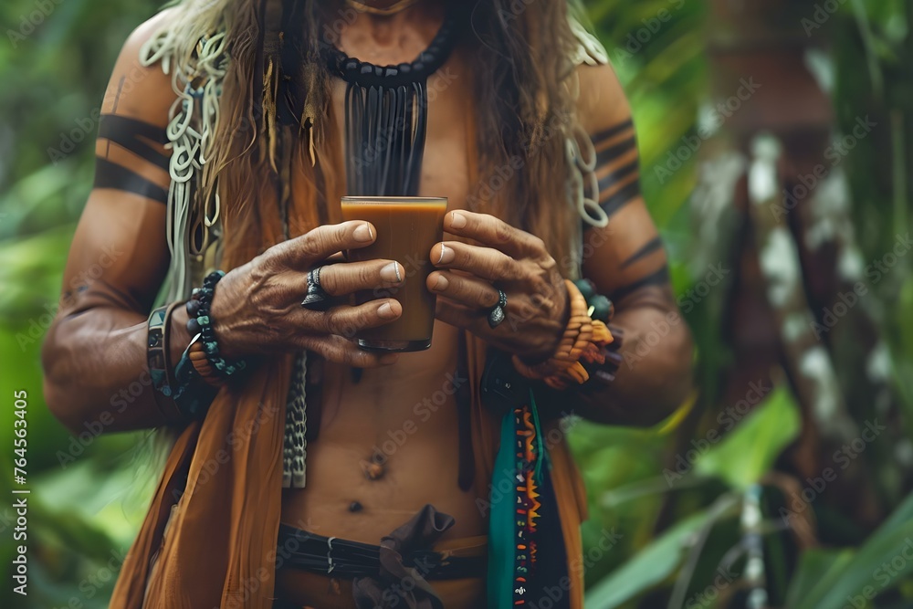 Ayahuasca Ceremony: Shaman Holding Drink at Costa Rica Yoga Center. Concept Spiritual Retreats, Holistic Healing, Traditional Rituals, Natural Medicine, Costa Rica Culture - obrazy, fototapety, plakaty 