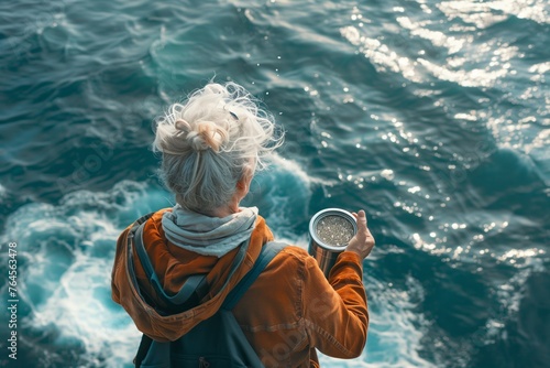 an elderly lady holds an urn with ashes and scatters the ashes over the sea, photo from the back, natural daylight, copy space for text. Funeral concept. Final resting place for a departed soul.