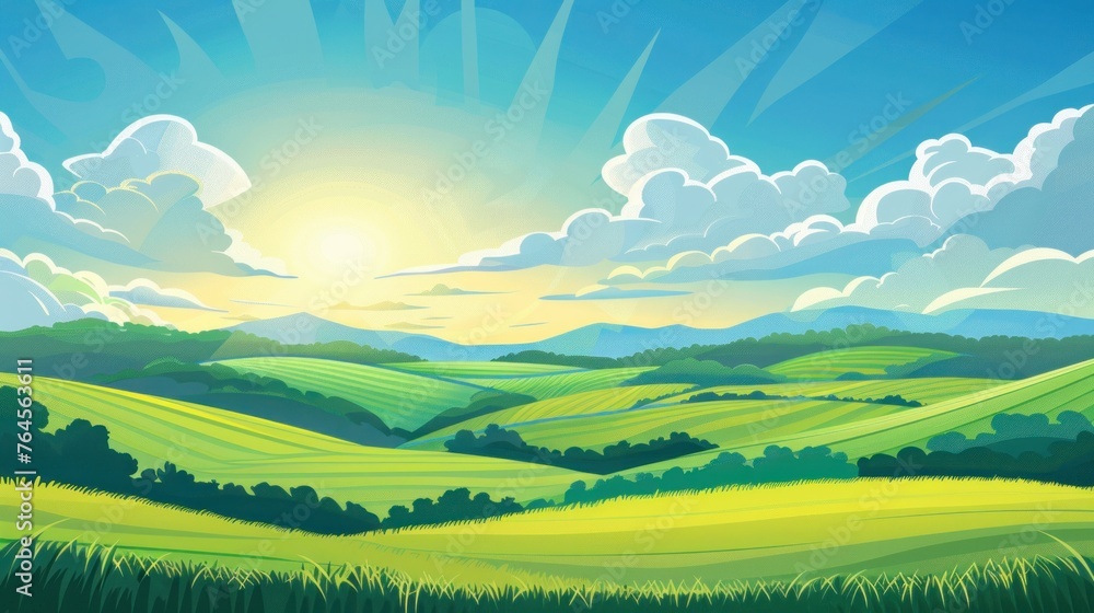 A vibrant vector illustration that beautifully captures a picturesque landscape at dawn