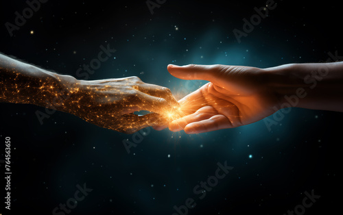 people give each other a helping hand, magic light between hands.