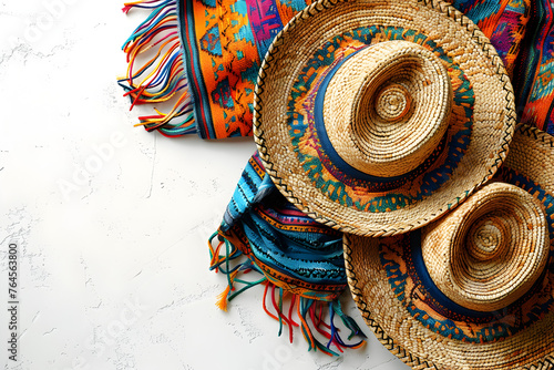 Colorful mexican accessories  top angle  right copyspace  white background.