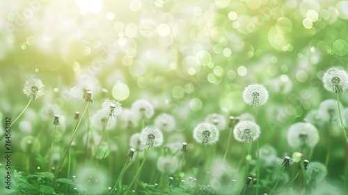 white fluffy dandelions against a natural, softly blurred green spring background