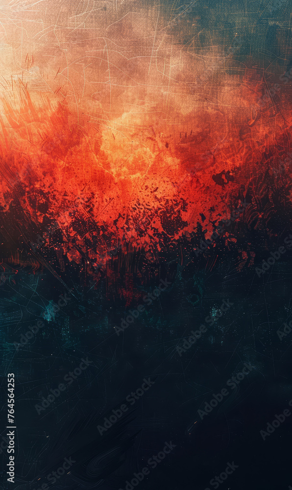 Dark and moody with splatters over rich red and black textured background.