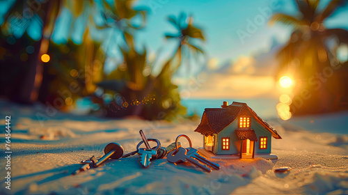 Tropical beach house concept with illuminated model and keys, for real estate and holiday rentals.