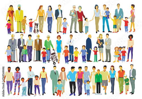 Eine große Gruppe von Eltern mit Kindern, isoliert illustration