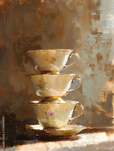 oil painting features an arrangement of  pastel color tea cups , resting on a table, art work for wall art, home decor and wallpaper 