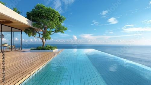 Luxury infinity pool with a wooden deck overlooking a breathtaking coastal view for the ultimate relaxation