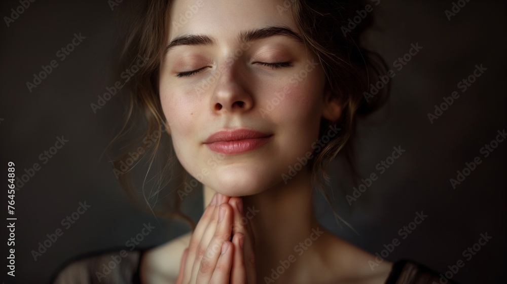 Sincere Devotion, Young Woman with Closed Eyes, Seeking Blessings from God or Embracing Love and Faith Sincere Devotion, Young Woman with Closed Eyes, Seeking Blessings from God or Embracing Love and Faith