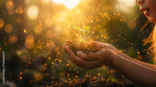 Hope for Tomorrow, Child's Hand Planting a Tree, Illuminated by a Golden Glow, Symbolizing Hope and Growth