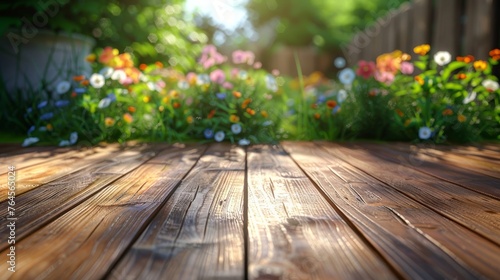 Warm sunset light on a wooden garden deck surrounded by a blur of colorful spring flowers