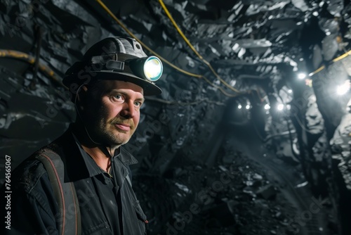 miner with hard hat and headlamp in a dark coal mine tunnel © primopiano