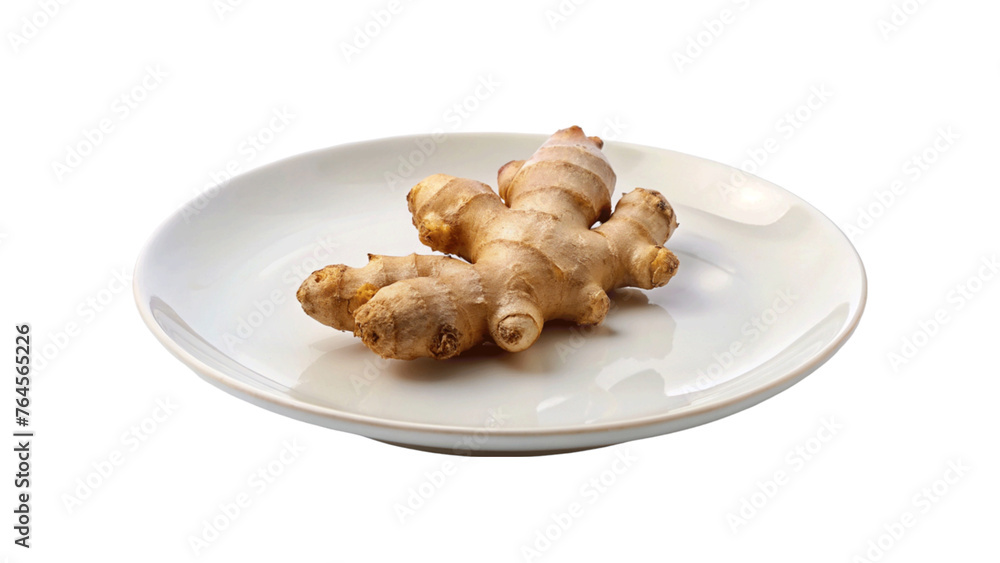 Ginger root on plate isolated on Transparent background.