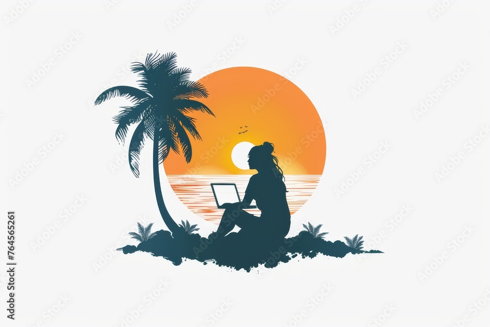 Simplicity and Serenity: Woman's Minimalistic Design for Remote Work - Sunset, Palm Trees, and Connectivity in Peaceful Tropical Settings