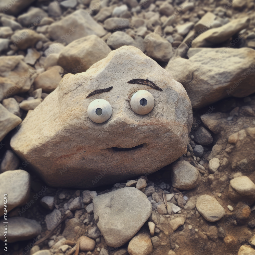 Pareidolia rock, face like, with big eyes and cute facial expression, fantasy game in nature...