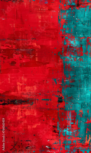 Bold red and turquoise paint strokes create a vibrant, grungy texture on an abstract canvas.