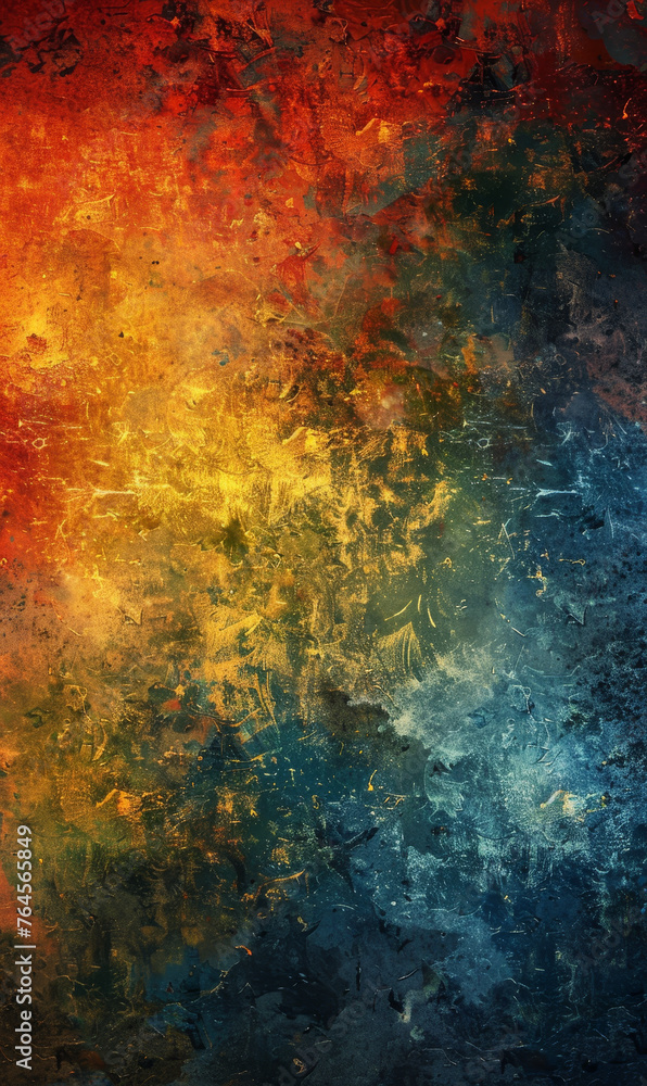 A vibrant abstract canvas with fiery red, blue and orange streaks creating a bold, grungy texture.