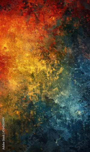 A vibrant abstract canvas with fiery red, blue and orange streaks creating a bold, grungy texture.