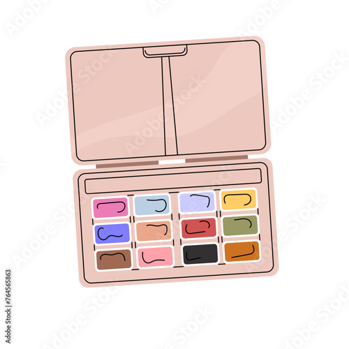 Watercolor pallette top view. Water colour box with different colors. Paintbox with various bright paints. Drawing tool, art class supply, school stationery. Flat isolated vector illustration on white