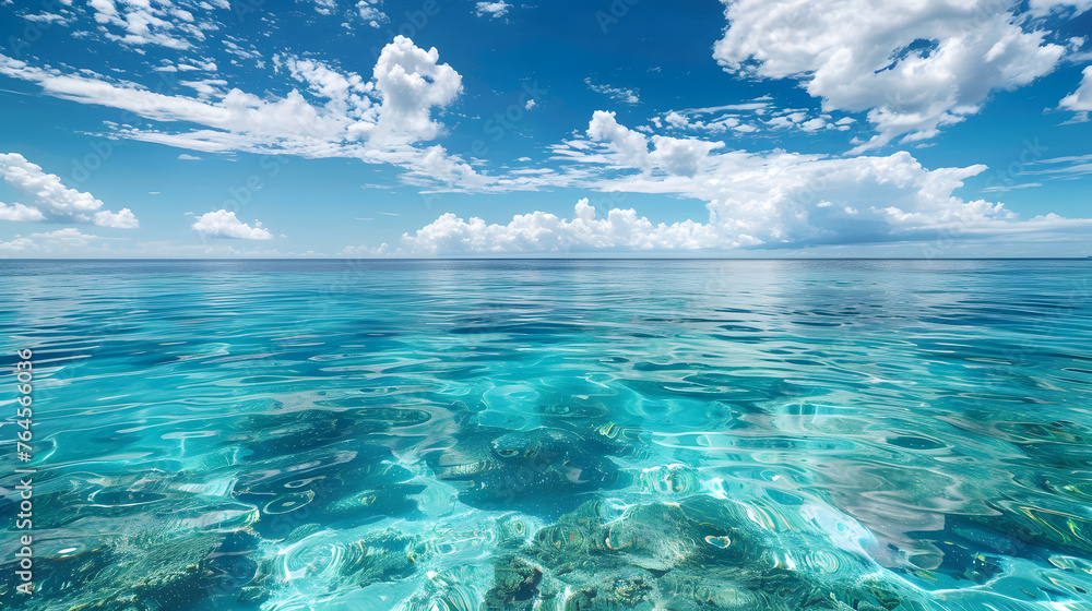 A vast expanse of aqua liquid meets the horizon, with fluffy cumulus clouds floating in a blue sky, creating a serene natural landscape