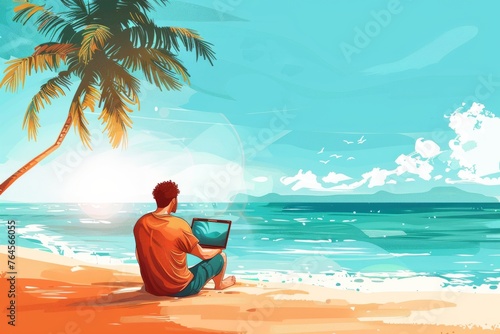 Tropical Beach Remote Working: Digital Nomad Man with Laptop Amidst Palm Trees on a Seaside, Freelance Lifestyle in Tranquil Scenery with Turquoise Ocean © Leo