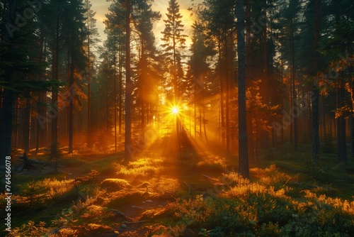 The suns rays are filtering through the dense foliage of trees in the forest, creating a beautiful natural landscape for people to enjoy in the great outdoors © RichWolf