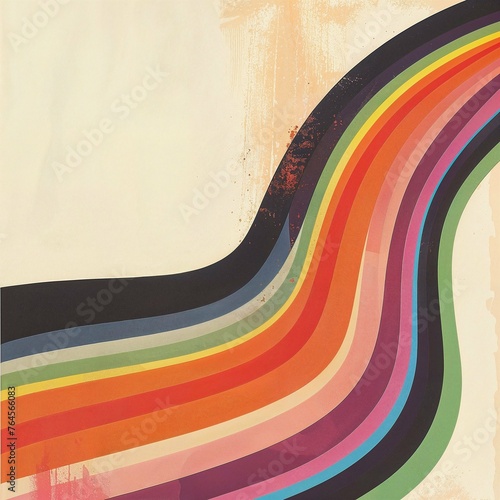 Vintage-style rainbow wave illustration on canvas, mid-century poster aesthetics, balanced symmetry, pastel shades akin to the 1970s, flat backdrop.