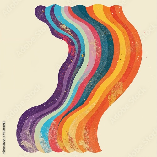 Retro poster depiction of rainbow flow on a shaped canvas, mid-century illustration style, symmetrical balance, subdued colors reminiscent of the 1970s, flat backgrounds.